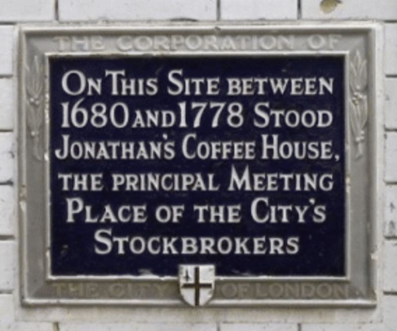 Jonathan's Coffee House in Change Alley plaque