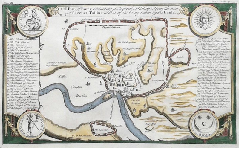 antique historical map of rome by Isaac Basire - c1765